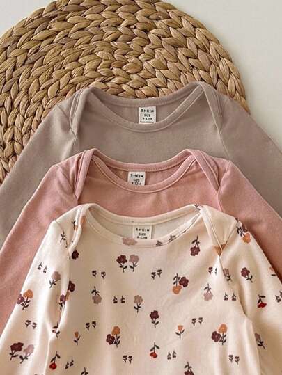 3 pièces Combinaisons mignonnes et décontractées en tricot élastique à motif floral à manches longues pour bébé fille nouveau-né en automne