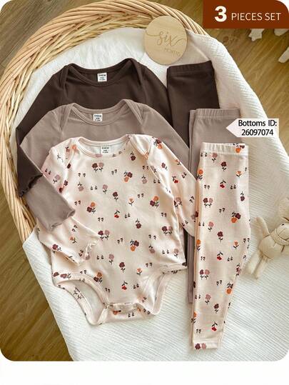 3 pièces de barboteuses d'automne mignonnes et décontractées à manches longues avec motif floral en tricot élastique pour bébé fille nouveau-né
