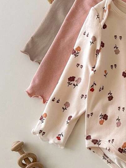 3 pièces Combinaisons mignonnes et décontractées en tricot élastique à motif floral à manches longues pour bébé fille nouveau-né en automne