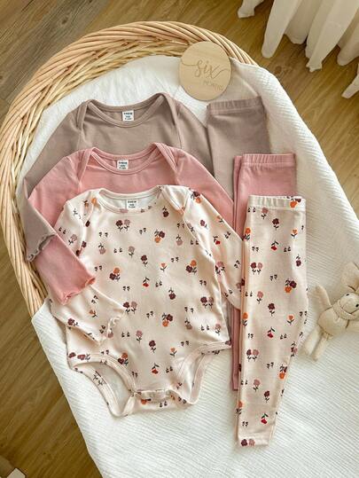 3 pièces Combinaisons mignonnes et décontractées en tricot élastique à motif floral à manches longues pour bébé fille nouveau-né en automne