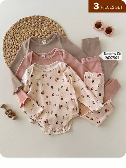 3 pièces Combinaisons mignonnes et décontractées en tricot élastique à motif floral à manches longues pour bébé fille nouveau-né en automne