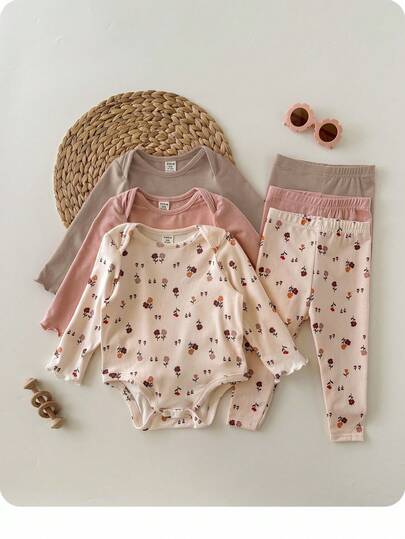 3 pièces Combinaisons mignonnes et décontractées en tricot élastique à motif floral à manches longues pour bébé fille nouveau-né en automne