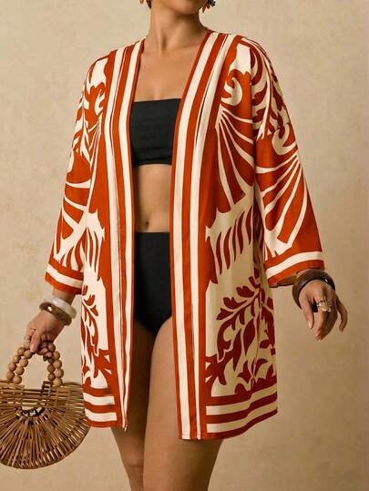 Travachic Kimono ample à épaules tombantes avec imprimé tropical pour femmes grandes tailles, maillot de bain, vacances à la plage, Nouvel An, Thanksgiving, Noël, bohème