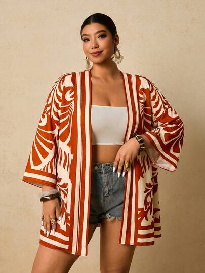 Travachic Kimono ample à épaules tombantes avec imprimé tropical pour femmes grandes tailles, maillot de bain, vacances à la plage, Nouvel An, Thanksgiving, Noël, bohème