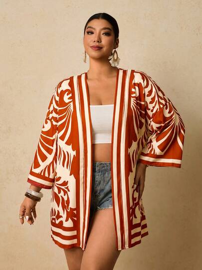 Travachic Kimono ample à épaules tombantes avec imprimé tropical pour femmes grandes tailles, maillot de bain, vacances à la plage, Nouvel An, Thanksgiving, Noël, bohème
