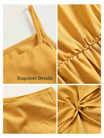 Robe courte cache-cœur à taille nouée de couleur unie pour femmes, style décontracté et élégant pour les vacances. Couleur : jaune. Convient pour le quotidien, les vacances et les sorties estivales.