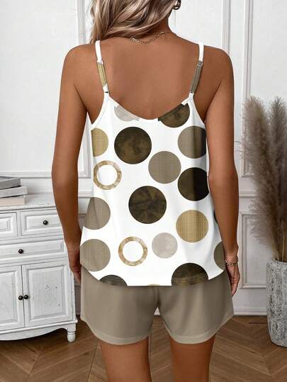 EMERY ROSE Ensemble décontracté et modeste pour femmes, top camisole et short à imprimé géométrique, pour tous les jours et les vacances, marron à pois kaki, été