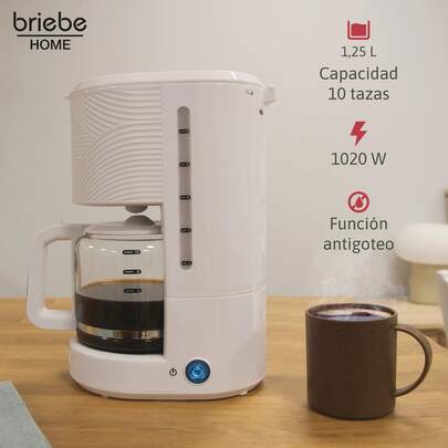 Elegance Cafetière Filtre 10 Tasses Machine à Café, Filtre Réutilisable 1,25L, CM1171WHT,Briebe,Blanc,1000W