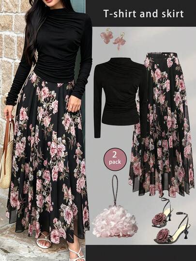 Ensemble fleuri élégant pour femme, tenue de rendez-vous, t-shirt floral unicolore et ensemble jupe en mousseline, jupe longue évasée doublée, t-shirt à col montant manches longues et jupe longue, ensemble 2 pièces printemps