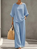 Holidaya Ensemble deux pièces style décontracté français à rayures avec manches cloche - Top ample transparent amincissant & Pantalon large pour vacances d'été