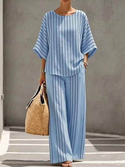 Holidaya Ensemble deux pièces style décontracté français à rayures avec manches cloche - Top ample transparent amincissant & Pantalon large pour vacances d'été