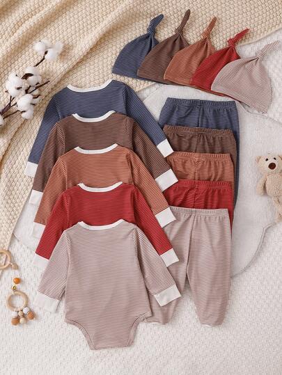 [1 Set Sélection Aléatoire]Combinaison à manches longues pour nouveau-nés, ensemble bonnet et pantalon, imprimé rayé multicolore sur tout le corps, mode simple et polyvalente de style enfantin mignon, meilleur cadeau pour les nouveau-nés