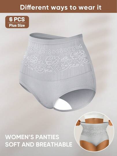 6 pièces Culottes taille haute grande taille pour femmes, slips triangle en dentelle patchwork, doux et respirant