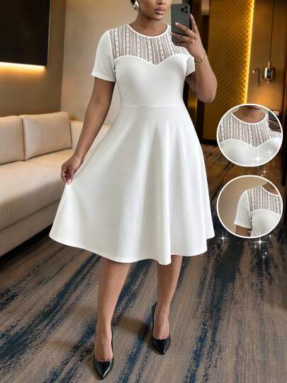 Robe d'été élégante grande taille de couleur unie avec patchwork en dentelle