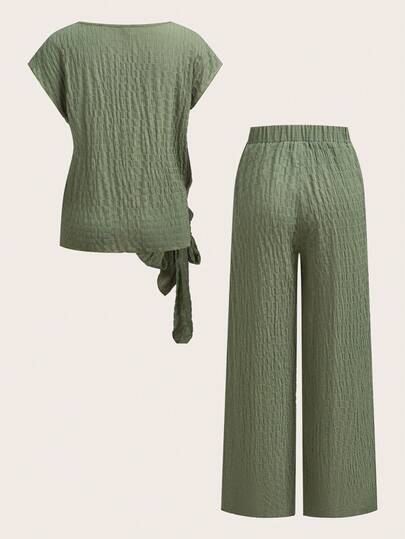 Clasi Ensemble 2 pièces pour femme avec chemise en crêpe à bulles à carreaux olive avec nœud papillon et pantalon droit ample, convient pour les vacances de printemps/été