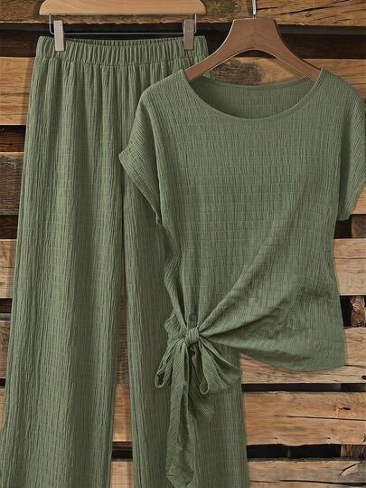 Clasi Ensemble 2 pièces pour femme avec chemise en crêpe à bulles à carreaux olive avec nœud papillon et pantalon droit ample, convient pour les vacances de printemps/été