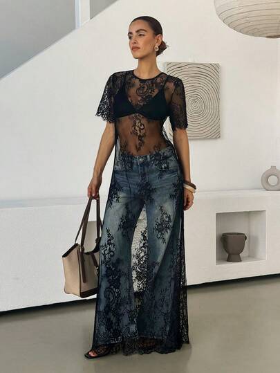 Chikora Robe d'été en dentelle transparente grande taille