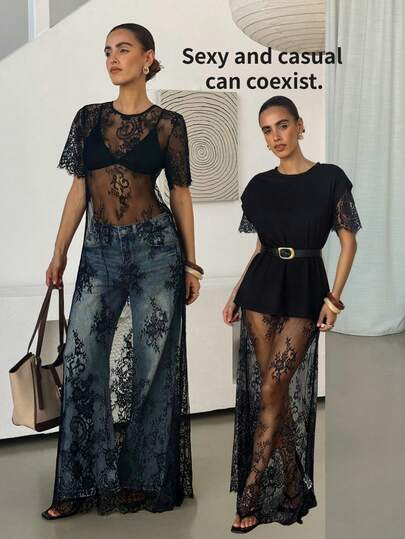 Chikora Robe d'été en dentelle transparente grande taille