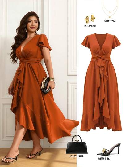 Femmeverse Robe élégante à taille marquée, col V profond, asymétrique et plissée