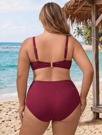 CURVE+ Ensemble de maillot de bain de vacances à la plage de couleur unie grande taille