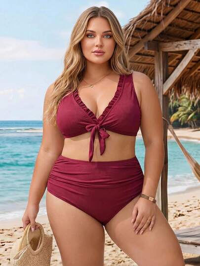 CURVE+ Ensemble de maillot de bain de vacances à la plage de couleur unie grande taille