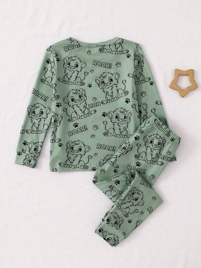 2 pièces Ensemble de vêtements d'intérieur pour tout-petits garçons Automne/Hiver, imprimé mignon de petit lion, bleu bébé, doux, haute élasticité, coupe ajustée, manches longues, pantalon, confortable pour l'intérieur