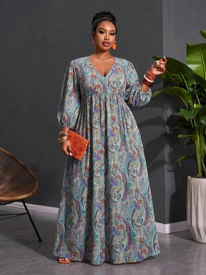 CURVE+ Robe de vacances grande taille pour femmes avec imprimé noix de cajou et col en V, convient à tous les tons de peau