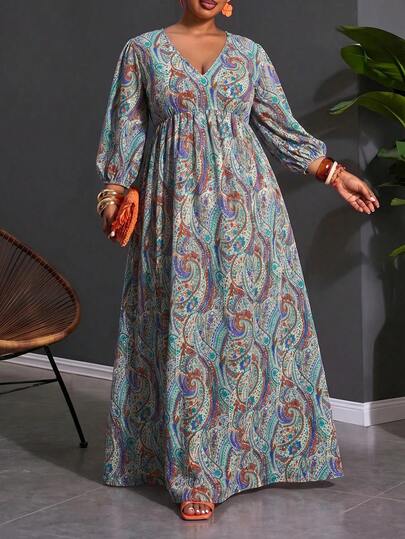 CURVE+ Robe de vacances grande taille pour femmes avec imprimé noix de cajou et col en V, convient à tous les tons de peau