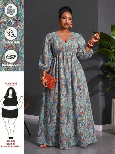 CURVE+ Robe de vacances grande taille pour femmes avec imprimé noix de cajou et col en V, convient à tous les tons de peau