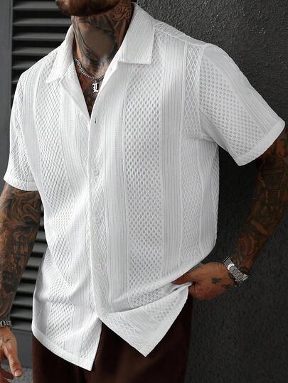 SLATEMANN Chemise à manches courtes en tricot jacquard de couleur unie pour hommes
