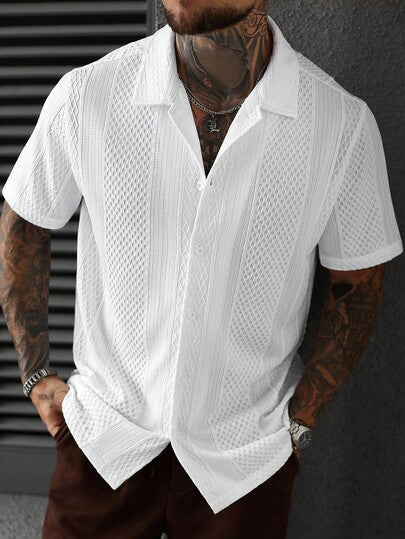SLATEMANN Chemise à manches courtes en tricot jacquard de couleur unie pour hommes