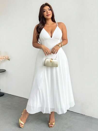 Firerie Robe grande taille pour femme, couleur unie, élégante et sexy, pour l'été, mariage, vacances, dîner, cocktail, cérémonie formelle, mère de la mariée, bretelles spaghetti, fête, tout blanc
