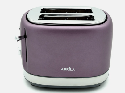 Avant Grille-pain ABRILA Urbion 815 W, violet/gris, 7 niveaux de brunissage, 2 fentes, arrêt automatique, décongélation/réchauffage, fonction d'annulation rapide, dimensions : 19,5 x 16,5 x 27 cm. Tiroir ramasse-miettes intégré et rangement pour le cordon