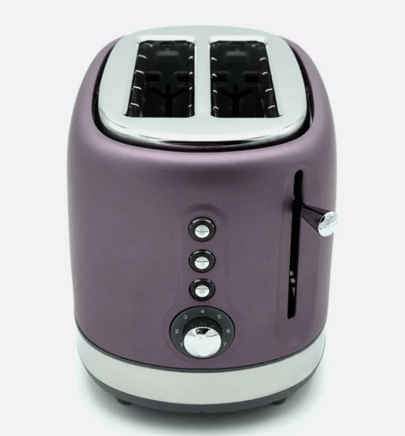 Avant Grille-pain ABRILA Urbion 815 W, violet/gris, 7 niveaux de brunissage, 2 fentes, arrêt automatique, décongélation/réchauffage, fonction d'annulation rapide, dimensions : 19,5 x 16,5 x 27 cm. Tiroir ramasse-miettes intégré et rangement pour le cordon