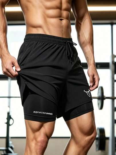 1 pièce Short de sport 2-en-1 pour homme, short de fitness, short de course anti-frottement avec doublure