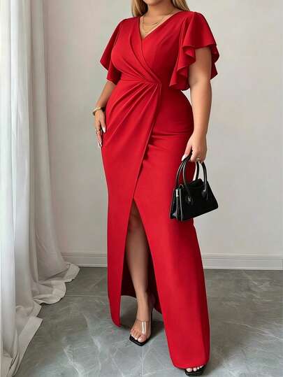 Robe longue pour femmes grande taille avec taille froncée et col en V croisé, manches chauve-souris moulantes avec fente, manches courtes, nouvelle robe de soirée grande taille 2026 rouge élégante pour l'été