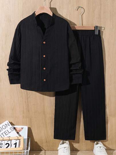2 pièces Ensemble chemise et pantalon pour garçons/préadolescents, chemise décontractée confortable avec col montant, devant ouvert, manches longues et pantalon droit ample, ensemble en lin pour garçons, convient pour les fêtes d'anniversaire, les soirées
