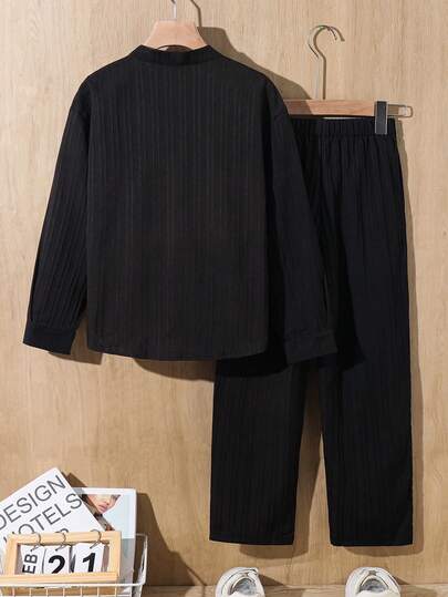 2 pièces Ensemble chemise et pantalon pour garçons/préadolescents, chemise décontractée confortable avec col montant, devant ouvert, manches longues et pantalon droit ample, ensemble en lin pour garçons, convient pour les fêtes d'anniversaire, les soirées