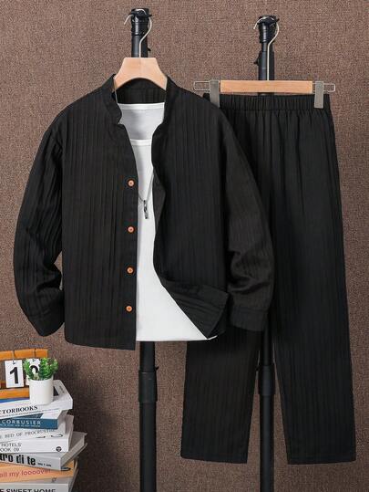 2 pièces Ensemble chemise et pantalon pour garçons/préadolescents, chemise décontractée confortable avec col montant, devant ouvert, manches longues et pantalon droit ample, ensemble en lin pour garçons, convient pour les fêtes d'anniversaire, les soirées