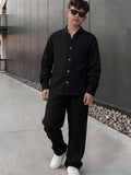 2 pièces Ensemble chemise et pantalon pour garçons/préadolescents, chemise décontractée confortable avec col montant, devant ouvert, manches longues et pantalon droit ample, ensemble en lin pour garçons, convient pour les fêtes d'anniversaire, les soirées