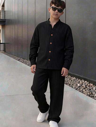 2 pièces Ensemble chemise et pantalon pour garçons/préadolescents, chemise décontractée confortable avec col montant, devant ouvert, manches longues et pantalon droit ample, ensemble en lin pour garçons, convient pour les fêtes d'anniversaire, les soirées