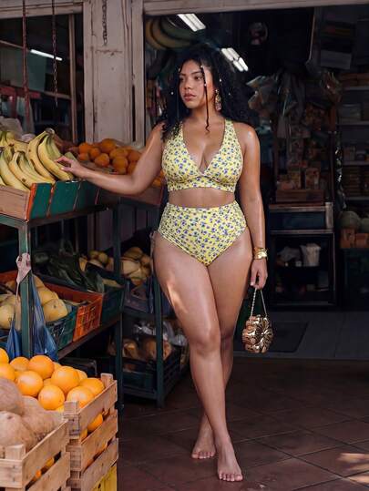 Swim Mod Ensemble de maillot de bain décontracté 2 pièces à imprimé aléatoire pour femmes grandes tailles
