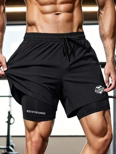 1 pièce Short de sport 2-en-1 pour homme, short d'entraînement, short de course avec doublure anti-frottement