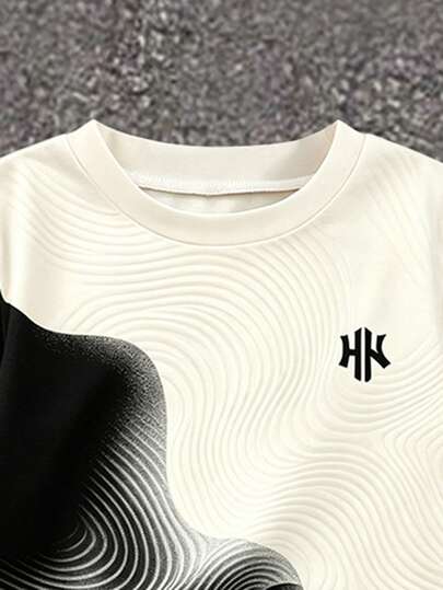 2 pièces/Ensemble T-shirt à col rond et manches courtes & pantalon long pour jeune garçon, motif géométrique cool imprimé sur tout le vêtement, design graphique avec slogan en anglais, convient pour les fêtes de vacances, printemps, été, automne, décontra
