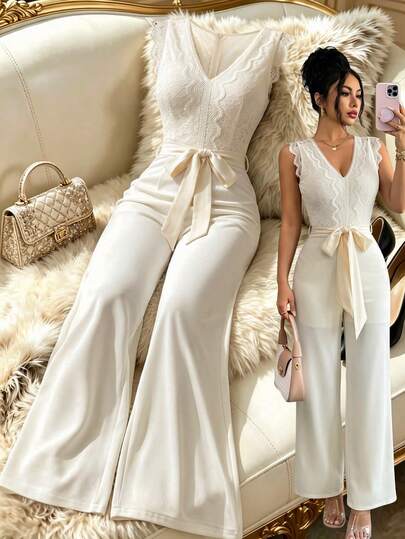 Elenzya Combinaison femme en dentelle et patchwork avec ceinture, tenue d'été élégante et décontractée pour femme, idéale pour un mariage de printemps, de couleur jaune
