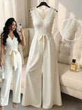 Elenzya Combinaison femme en dentelle et patchwork avec ceinture, tenue d'été élégante et décontractée pour femme, idéale pour un mariage de printemps, de couleur jaune
