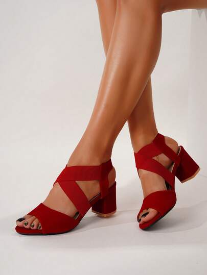 Sandales à talons compensés avec bande élastique et bout ouvert pour femmes, sandales rouges simples à talons hauts, tenues de printemps et d'été
