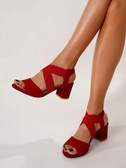 Sandales à talons compensés avec bande élastique et bout ouvert pour femmes, sandales rouges simples à talons hauts, tenues de printemps et d'été