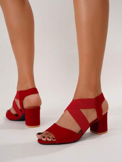 Sandales à talons compensés avec bande élastique et bout ouvert pour femmes, sandales rouges simples à talons hauts, tenues de printemps et d'été