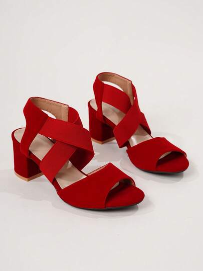 Sandales à talons compensés avec bande élastique et bout ouvert pour femmes, sandales rouges simples à talons hauts, tenues de printemps et d'été